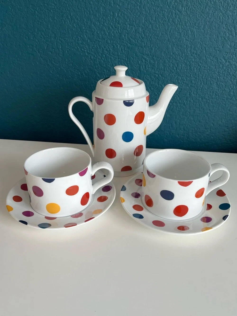 World Market Stackable Polka-Dot Tea Set with Teapot Teacups & Saucers